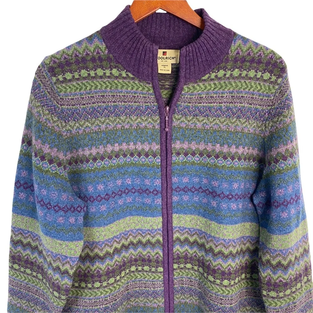 Woolrich Wool Zip Up Sweater Cardigan Womens XL Nordic Fair Isle Green Purple - Picture 6 of 9